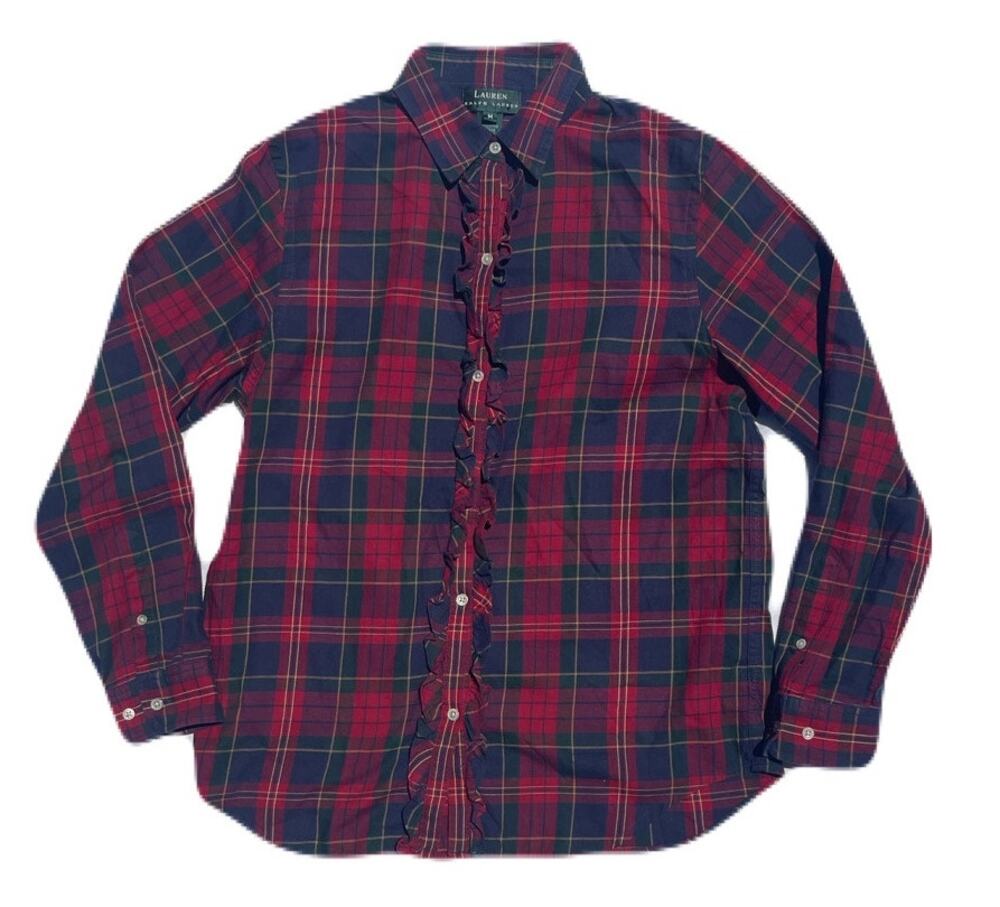 Lauren Ralph Lauren Red Plaid Holiday Long Sleeve Cotton Ruffle Button Down Med